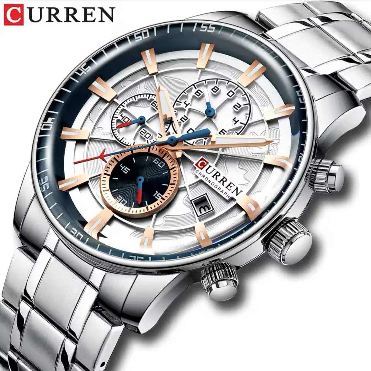 CURREN GENTS WATCH #8362 WATER RESISTANT CHRONOGRAPH MOVEMENT DATE DISPLAY BATTERY POWERED CURREN BRANDED BOX ENQUIRIES