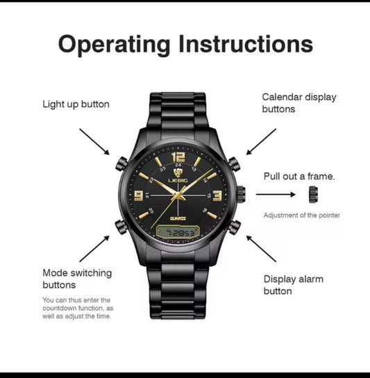 LIEBEG WATCHES DUAL WATCH WATER RESISTANT BATTERY POWERED STAINLESS STEEL ANALOG AND DIGITAL DISPLAY COMES A LIEBEG BRANDED BOX ENQUIRIES