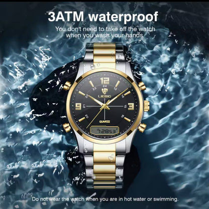 LIEBEG WATCHES DUAL WATCH WATER RESISTANT BATTERY POWERED STAINLESS STEEL ANALOG AND DIGITAL DISPLAY COMES A LIEBEG BRANDED BOX ENQUIRIES