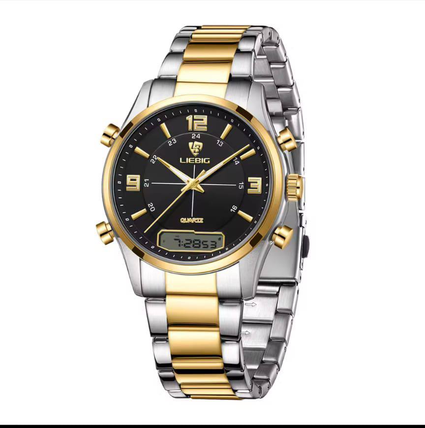 LIEBEG WATCHES DUAL WATCH WATER RESISTANT BATTERY POWERED STAINLESS STEEL ANALOG AND DIGITAL DISPLAY COMES A LIEBEG BRANDED BOX ENQUIRIES