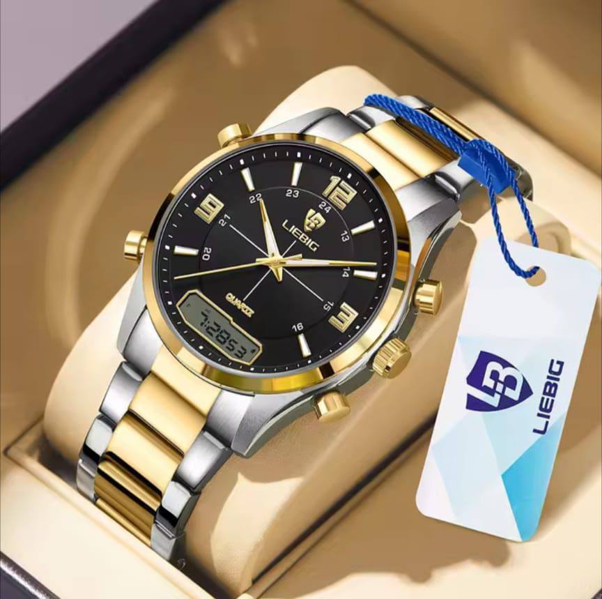 LIEBEG WATCHES DUAL WATCH WATER RESISTANT BATTERY POWERED STAINLESS STEEL ANALOG AND DIGITAL DISPLAY COMES A LIEBEG BRANDED BOX ENQUIRIES