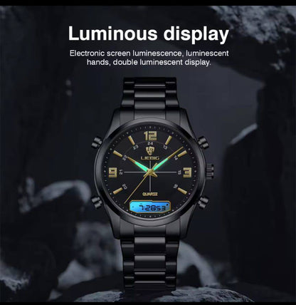 LIEBEG WATCHES DUAL WATCH WATER RESISTANT BATTERY POWERED STAINLESS STEEL ANALOG AND DIGITAL DISPLAY COMES A LIEBEG BRANDED BOX ENQUIRIES