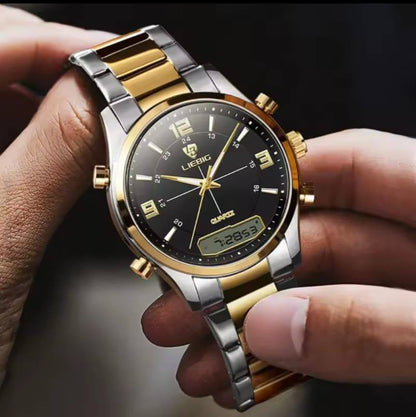 LIEBEG WATCHES DUAL WATCH WATER RESISTANT BATTERY POWERED STAINLESS STEEL ANALOG AND DIGITAL DISPLAY COMES A LIEBEG BRANDED BOX ENQUIRIES