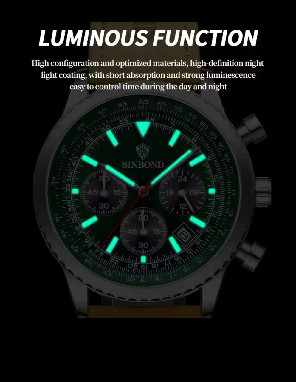 BINBOND CHRONOGRAPH CHRONOGRAPH DATE DISPLAY WATER RESISTANT BATTERY POWERED LEATHER STRAP AND ENQUIRIES