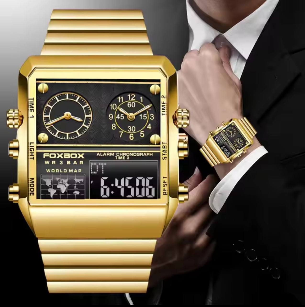 FOXBOX DUAL DISPLAY WATCH GOLD BLACK SILVER NIGHT GLOWING WORLD MAP ALARM LIGHT BUTTON WATER RESISTANT 3BAR BATTERY POWERED COMES A BRANDED BOX AND ENQUIRIES