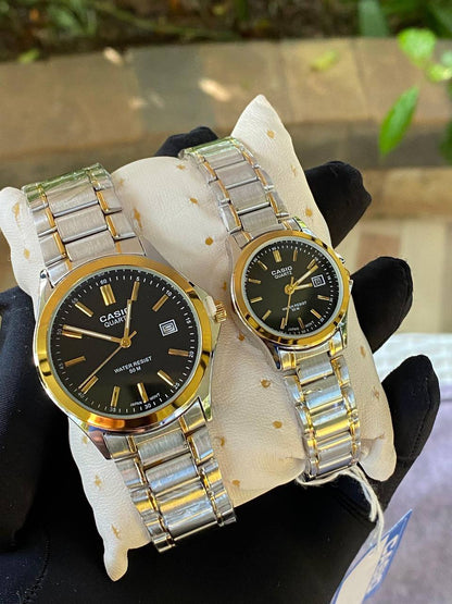 CASIO COUPLE A PAIR SINGLE WATER RESISTANT DATE DISPLAY STAINLESS STEEL FINISH BATTERY POWERED COUPLE BOXES CASIO BRANDED BOX ORDER AND ENQUIRIES