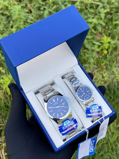 CASIO COUPLE A PAIR SINGLE WATER RESISTANT DATE DISPLAY STAINLESS STEEL FINISH BATTERY POWERED COUPLE BOXES CASIO BRANDED BOX ORDER AND ENQUIRIES