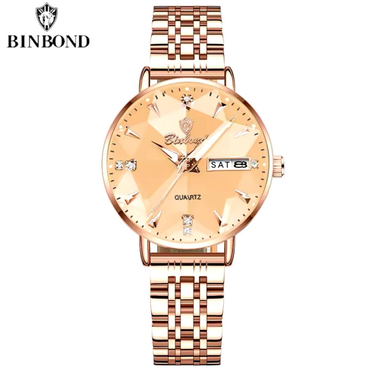 BINBOND LADIES WATER RESISTANT BATTERY POWERED NON FADE STEEL POLISH DAY AND DATE DISPLAY AND ENQUIRIES