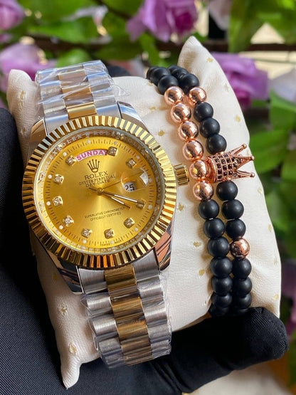 ROLEX X BANGLE DAY AND DATE DISPLAY BATTERY POWERED WATER RESISTANT STAINLESS STEEL ENQUIRIES