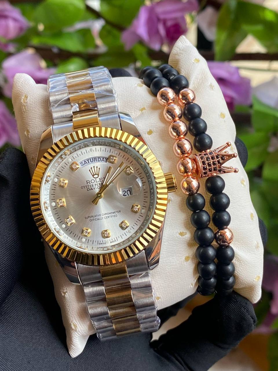 ROLEX X BANGLE DAY AND DATE DISPLAY BATTERY POWERED WATER RESISTANT STAINLESS STEEL ENQUIRIES