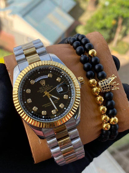 ROLEX X BANGLE DAY AND DATE DISPLAY BATTERY POWERED WATER RESISTANT STAINLESS STEEL ENQUIRIES