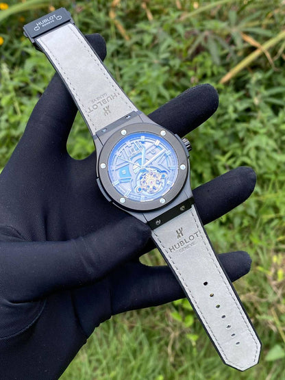 HUBLOT AUTOMATIC WATCH AUTOMATIC MOVEMENT SUEDE STRAP WATER RESISTANT TOURBILLON MACHINE AND ENQUIRIES