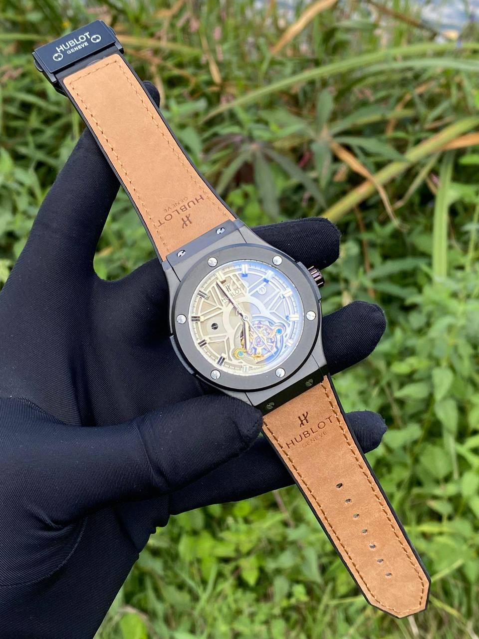 HUBLOT AUTOMATIC WATCH AUTOMATIC MOVEMENT SUEDE STRAP WATER RESISTANT TOURBILLON MACHINE AND ENQUIRIES