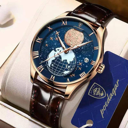 POEDAGAR GENTS WATCH #P803 FINE POLISHED LEATHER STRAPS BATTERY POWERED LUMINOUS ARMS GLOBE/SPACE INSPIRED DESIGN