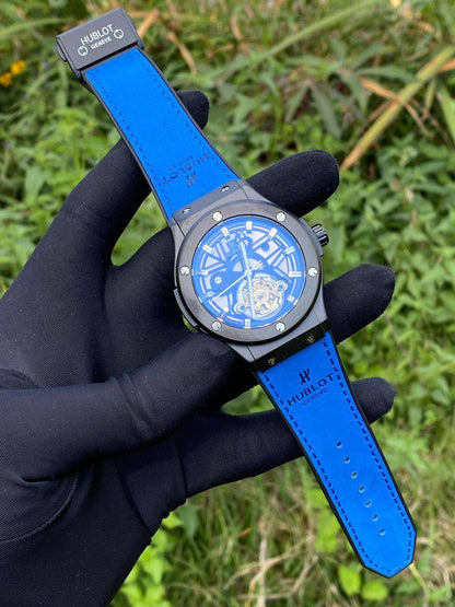 HUBLOT AUTOMATIC WATCH AUTOMATIC MOVEMENT SUEDE STRAP WATER RESISTANT TOURBILLON MACHINE AND ENQUIRIES