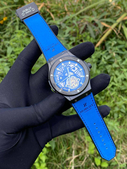 HUBLOT AUTOMATIC WATCH AUTOMATIC MOVEMENT SUEDE STRAP WATER RESISTANT TOURBILLON MACHINE AND ENQUIRIES