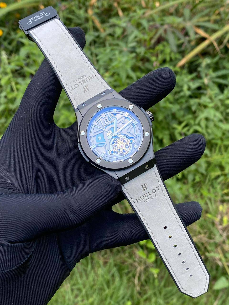 HUBLOT AUTOMATIC WATCH AUTOMATIC MOVEMENT SUEDE STRAP WATER RESISTANT TOURBILLON MACHINE AND ENQUIRIES