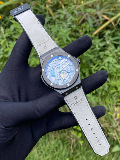 HUBLOT AUTOMATIC WATCH AUTOMATIC MOVEMENT SUEDE STRAP WATER RESISTANT TOURBILLON MACHINE AND ENQUIRIES