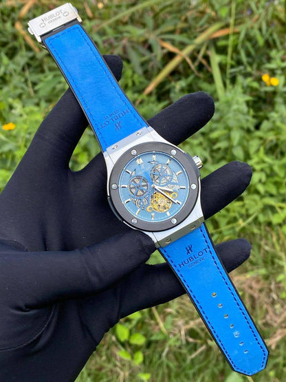 HUBLOT AUTOMATIC WATCH AUTOMATIC MOVEMENT SUEDE STRAP WATER RESISTANT TOURBILLON MACHINE AND ENQUIRIES