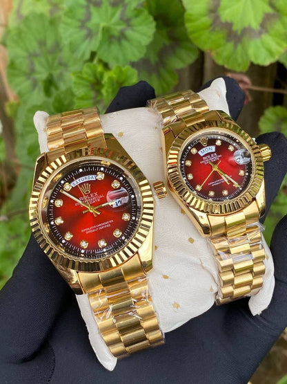 ROLEX COUPLE WATCHES SINGLE PIECE DAY AND DATE DISPLAY WATER RESISTANT BATTERY POWERED ENQUIRIES