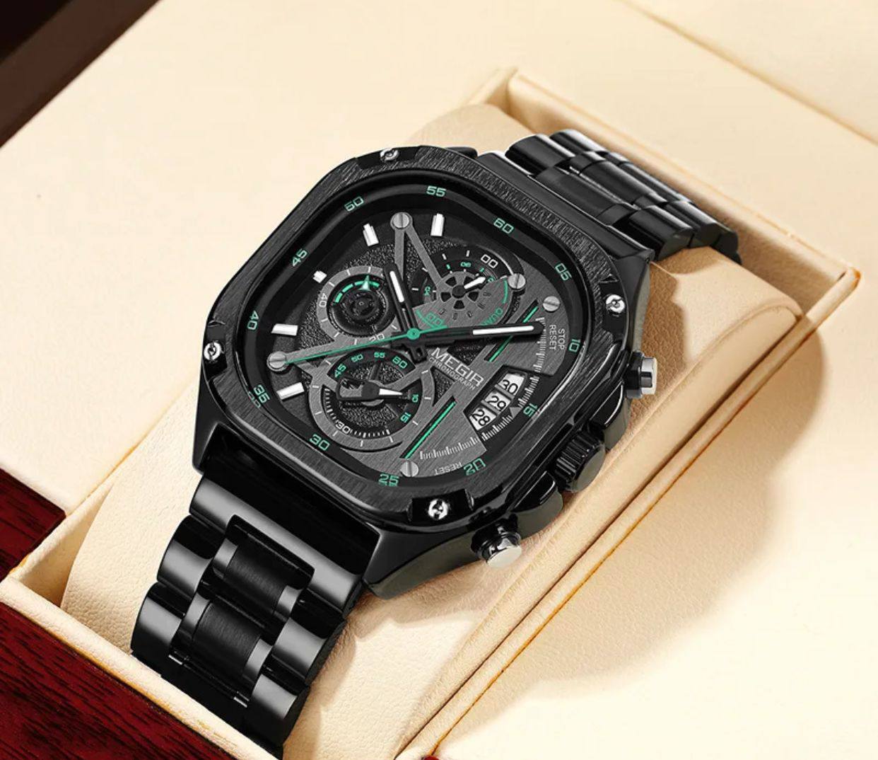 MEGIR CHRONOGRAPH GENTS WATCH CHRONOGRAPH MOVEMENT DATE DISPLAY HD LUMINOUS BATTERY POWERED WATER RESISTANT /ENQUIRIES