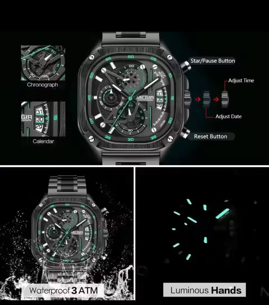 MEGIR CHRONOGRAPH GENTS WATCH CHRONOGRAPH MOVEMENT DATE DISPLAY HD LUMINOUS BATTERY POWERED WATER RESISTANT /ENQUIRIES