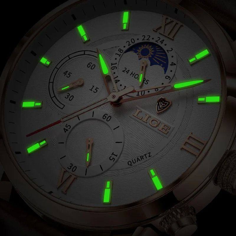 BINBOND LADIES WATER RESISTANT BATTERY POWERED NON FADE STEEL POLISH DAY AND DATE DISPLAY AND ENQUIRIES