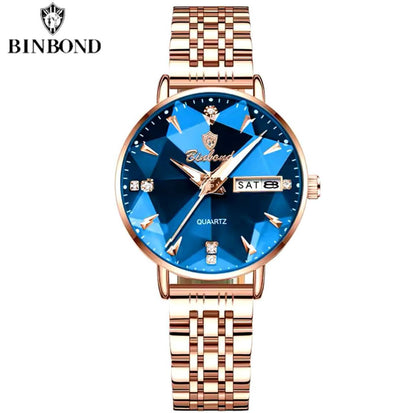 BINBOND LADIES WATER RESISTANT BATTERY POWERED NON FADE STEEL POLISH DAY AND DATE DISPLAY AND ENQUIRIES