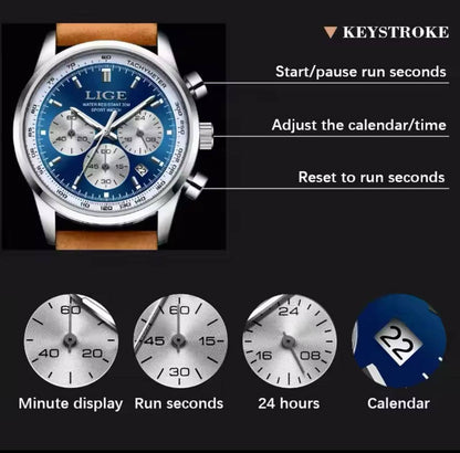 LIGE CHRONOGRAPH LEATHER LEATHER STRAP BATTERY POWERED CHRONOGRAPH MOVEMENT STAINLESS STEEL DATE DISPLAY COMES A LIGE BRANDED BOX ORDER AND ENQUIRIES