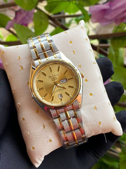 PHILIP PERSIO MEN WATCH DAY&DATE DISPLAY WATERPROOF BATTERY POWERED STRONG LUMINOUS DISPLAY TWO-TONE SILVER AND ENQUIRIES