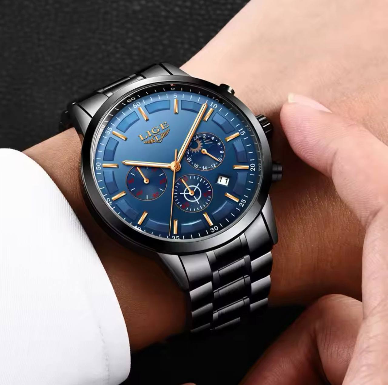 LIGE CHRONOGRAPH BLACK BLUE BATTERY POWERED CHRONOGRAPH MOVEMENT STAINLESS STEEL DATE DISPLAY MOON PHASE FUNCTION COMES A LIGE BRANDED BOX ORDER AND ENQUIRIES