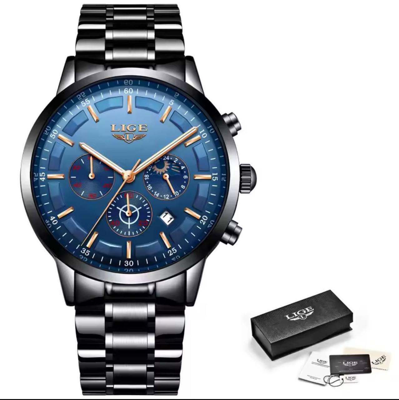 LIGE CHRONOGRAPH BLACK BLUE BATTERY POWERED CHRONOGRAPH MOVEMENT STAINLESS STEEL DATE DISPLAY MOON PHASE FUNCTION COMES A LIGE BRANDED BOX ORDER AND ENQUIRIES