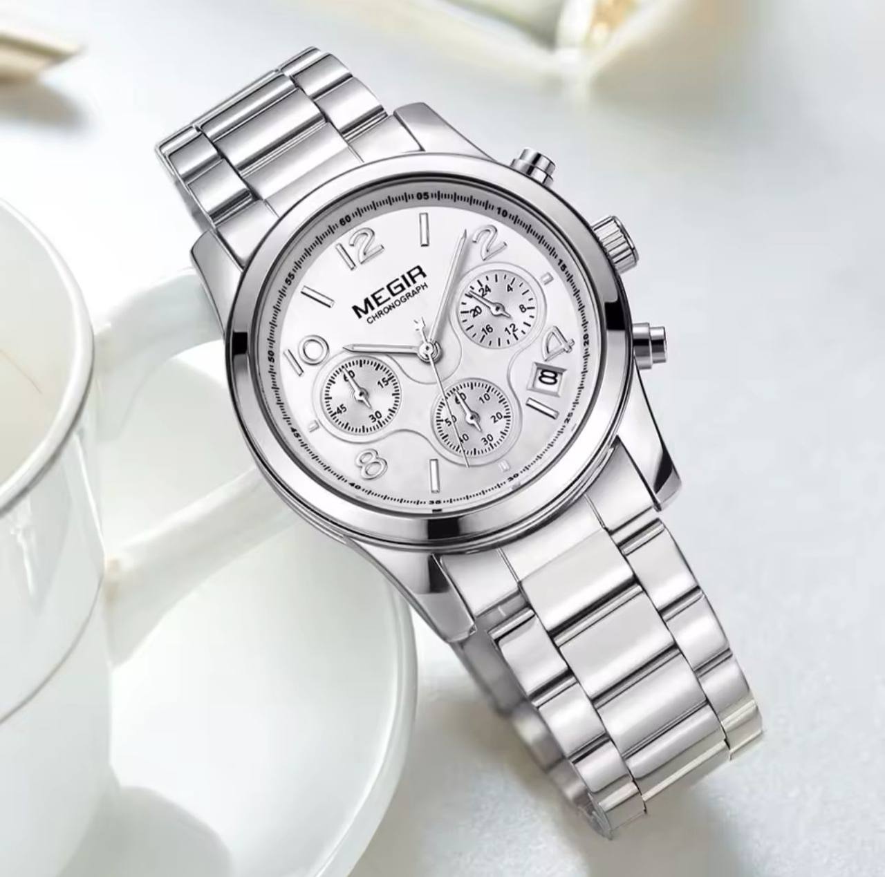 MEGIR CHRONOGRAPH WATCH FULL CHRONOGRAPH DATE DISPLAY NON FADE STAINLESS STEEL FINISH WATER RESISTANT AND ENQUIRIES