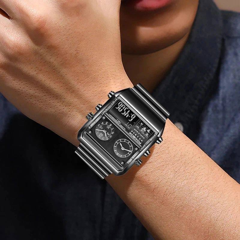 FOXBOX DUAL DISPLAY WATCH GOLD BLACK SILVER NIGHT GLOWING WORLD MAP ALARM LIGHT BUTTON WATER RESISTANT 3BAR BATTERY POWERED COMES A BRANDED BOX AND ENQUIRIES