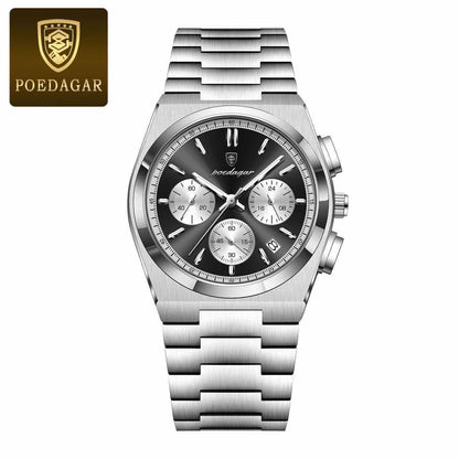 POEDAGAR CHRONOGRAPH DATE DISPLAY NON FADE STAINLESS STEEL DOUBLE CLASP LOCK FULL CHRONOGRAPH WATER RESISTANT $ ENQUIRIES