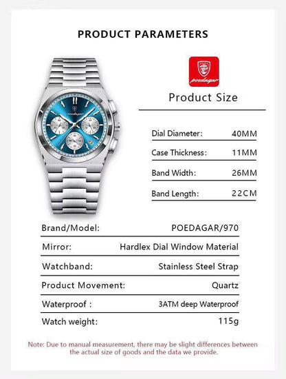 POEDAGAR CHRONOGRAPH DATE DISPLAY NON FADE STAINLESS STEEL DOUBLE CLASP LOCK FULL CHRONOGRAPH WATER RESISTANT $ ENQUIRIES