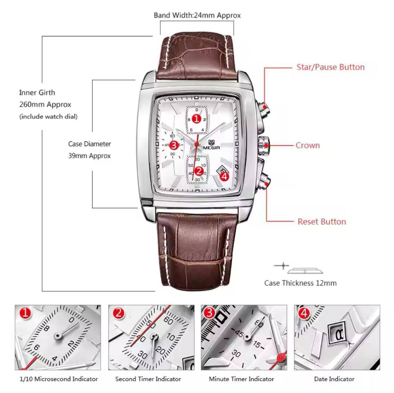 MEGIR LEATHER DATE DISPLAY BATTERY POWERED CHRONOGRAPH MOVEMENT LUMINOUS ARMS LEATHER STRAP AND ENQUIRIES 0712975996