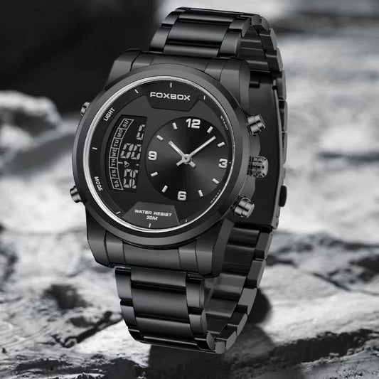 FOXBOX FB0058E STOP WATCH ALARM DAY AND DATE DISPLAY BACKLIGHT 12/24 HRS FORMAT WATERPROOF TO 30 METERS ENGRAVING SERVICES ENQUIRIES