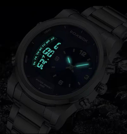 FOXBOX FB0058E STOP WATCH ALARM DAY AND DATE DISPLAY BACKLIGHT 12/24 HRS FORMAT WATERPROOF TO 30 METERS ENGRAVING SERVICES ENQUIRIES