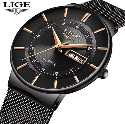 LIGE GENTS WATCH LG9949A DAY&DATE DISPLAY WATERPROOF 30M ULTRA THIN DESIGN STAINLESS STEEL BAND(MESH STRAP) ENGRAVING SERVICES ENQUIRIES