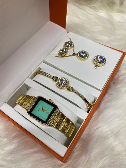 A SET OF WATCH BRACELET NECKLACE EARRINGS RING