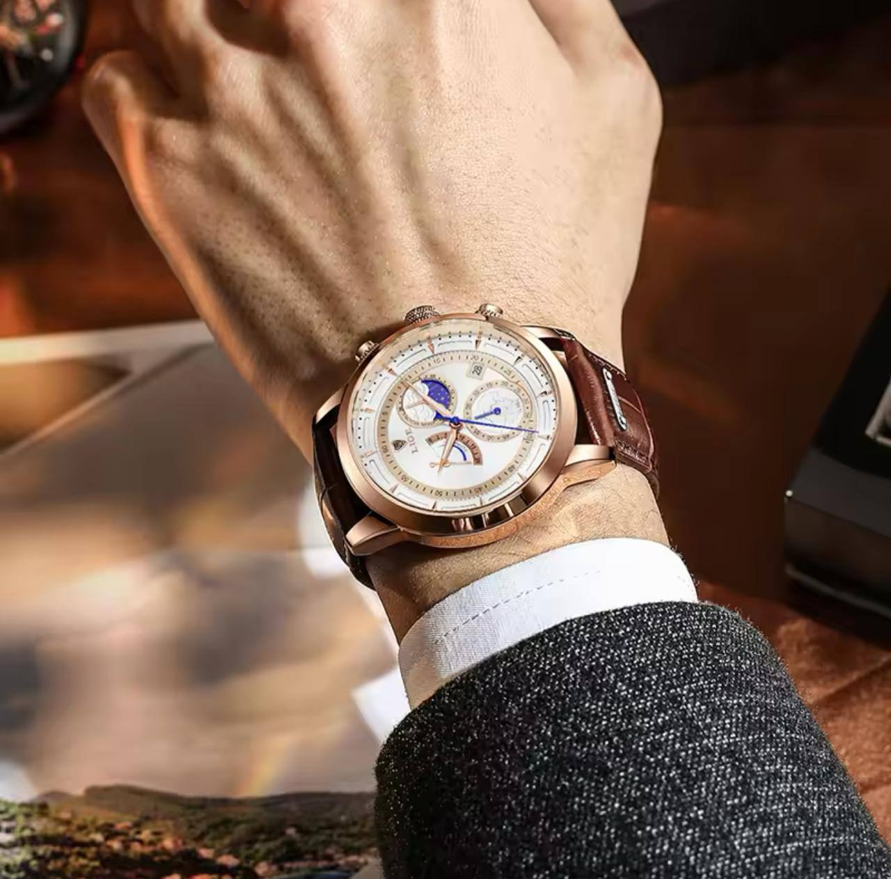 LIGE LG8968A CHRONOGRAPH BATTERY POWERED CHRONOGRAPH MOVEMENT STAINLESS STEEL DATE DISPLAY MOON PHASE FUNCTION ENGRAVING SERVICES COMES A BRANDED BOX ORDER AND ENQUIRIES