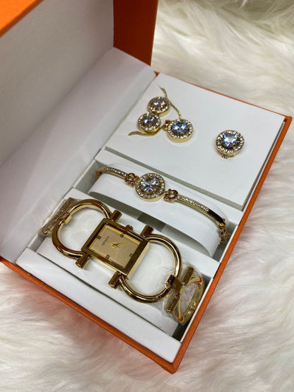 A SET OF WATCH BRACELET NECKLACE EARRINGS RING