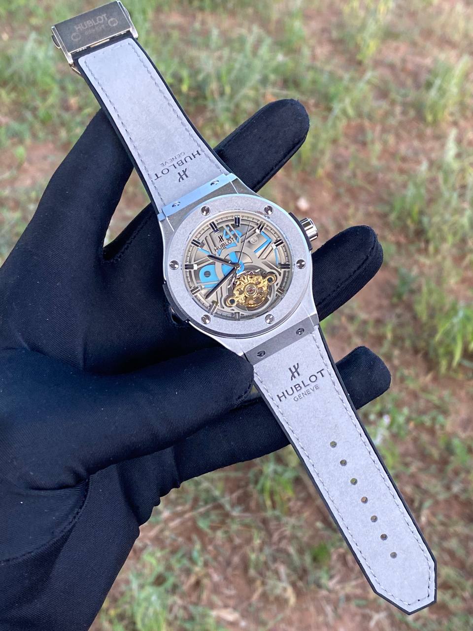 HUBLOT AUTOMATIC WATCH AUTOMATIC MOVEMENT TOURBILLON MACHINE WATER RESISTANT SUEDE STRAP ENGRAVING SERVICES &ENQUIRIES