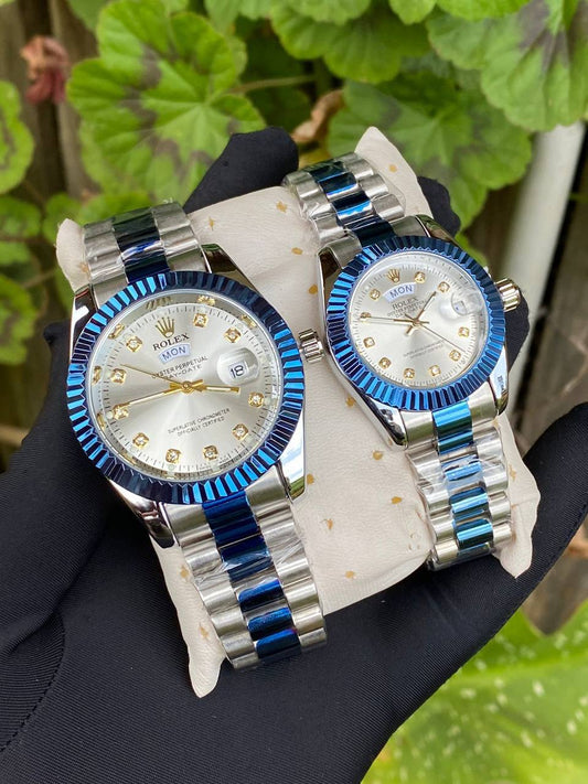 ROLEX COUPLE WATCHES SINGLE PIECE DAY AND DATE DISPLAY WATER RESISTANT BATTERY POWERED ENGRAVING SERVICES ENQUIRIES