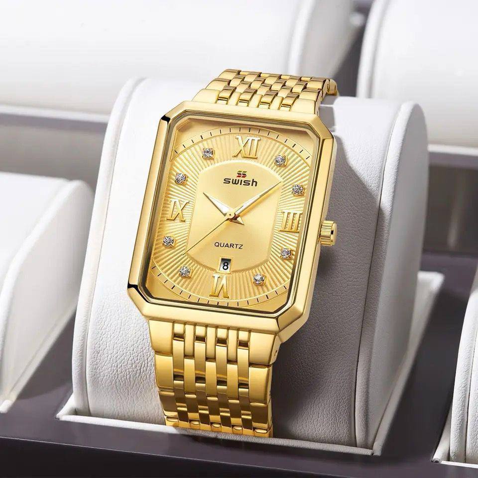 SWISH STYLISH GENTS WATCH DATE DISPLAY BATTERY POWERED STAINLESS STEEL WATER RESISTANT GOLD GOLD-BLACK SILVER ENQUIRIES