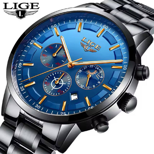 LIGE CHRONOGRAPH BLACK BLUE BATTERY POWERED CHRONOGRAPH MOVEMENT STAINLESS STEEL DATE DISPLAY MOON PHASE FUNCTION COMES A LIGE BRANDED BOX ORDER AND ENQUIRIES
