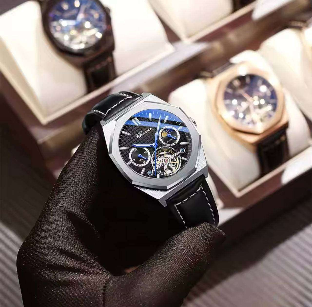 CHENXI AUTOMATIC MOONPHASE TOURBILLION MACHINE FULL CHRONOGRAPH LEATHER STRAP WATER RESISTANT ENGRAVING SERVICES AND ENQUIRIES