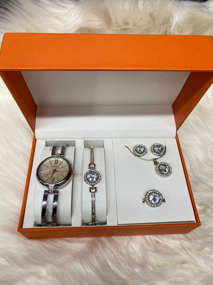 SILVER A SET OF WATCH BRACELET NECKLACE EARRINGS RING