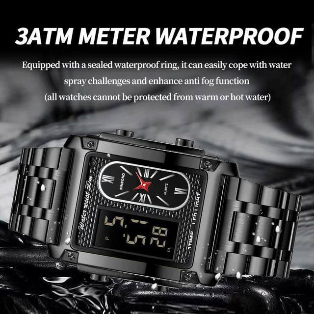 BINBOND DOUBLE TIME GENTS DIGITAL AND ANALOG TIME WATER RESISTANT STAINLESS STEEL STRONG LUMINOUS LED LIGHT SILVER GOLD BLACK ENGRAVING SERVICES ENQUIRIES